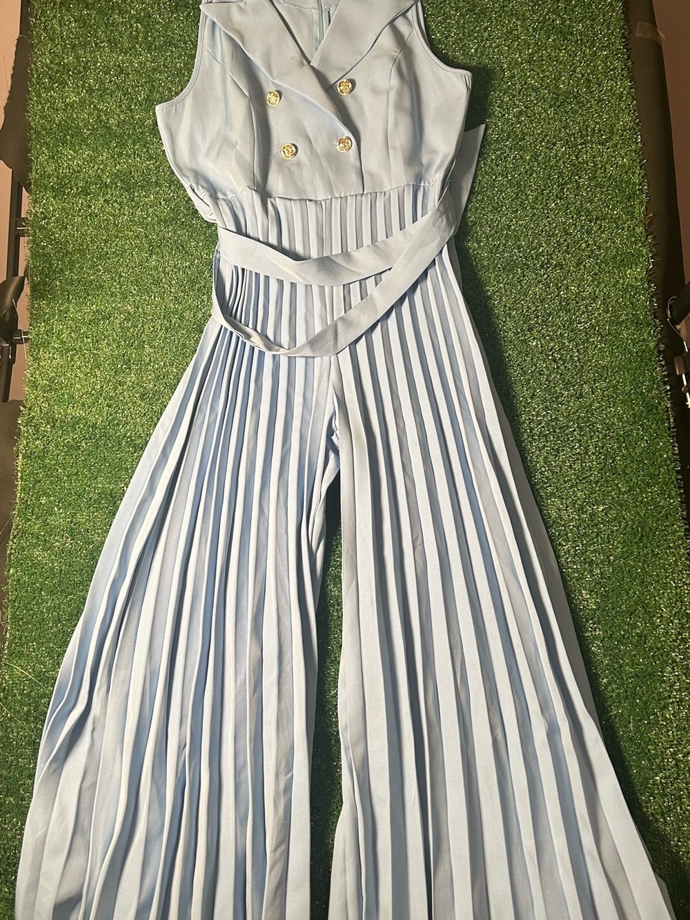 SHEIN Light Blue Double-Breasted Pleated Wide-Leg Jumpsuit
